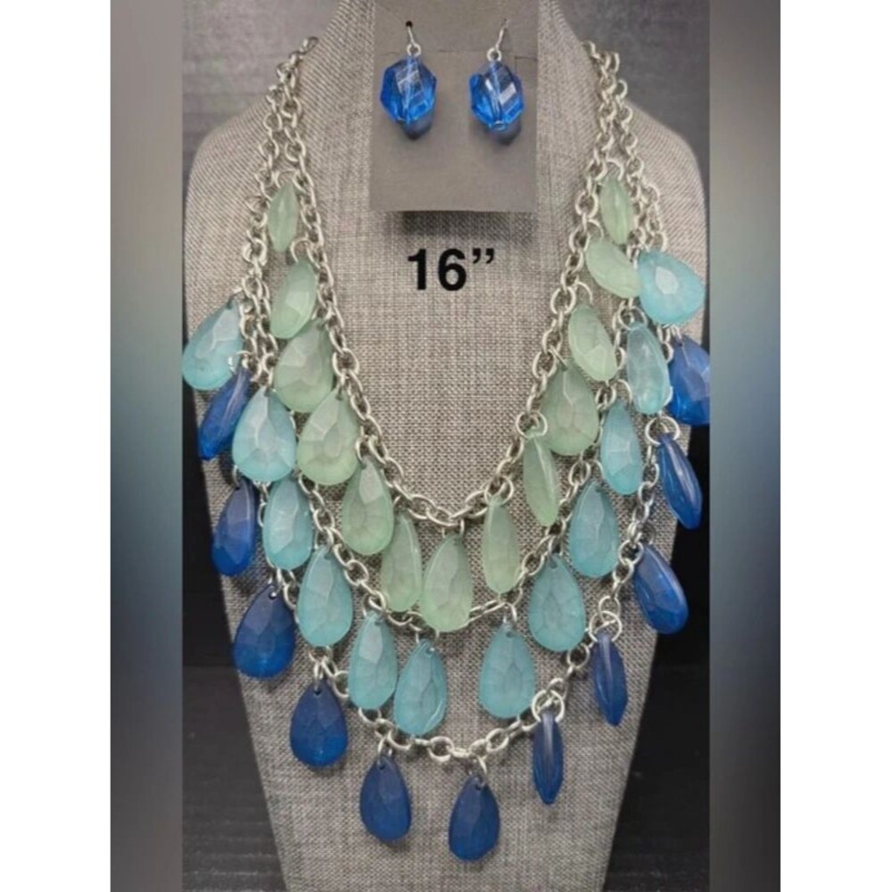 142. Multi-Tone Blue & Green Teardrop Statement Set
